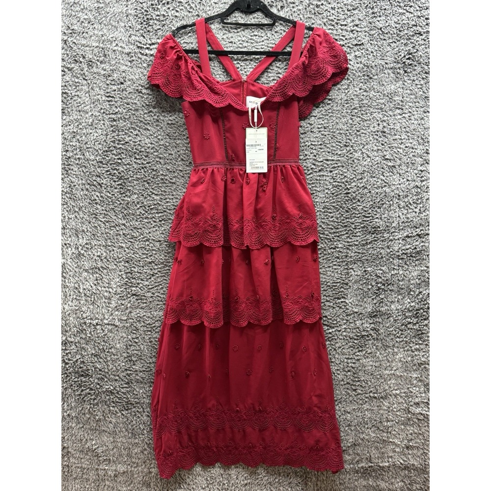 Self-Portrait Raspberry Red Lace Tiered Off Shoulder Dress UK 8 NWT